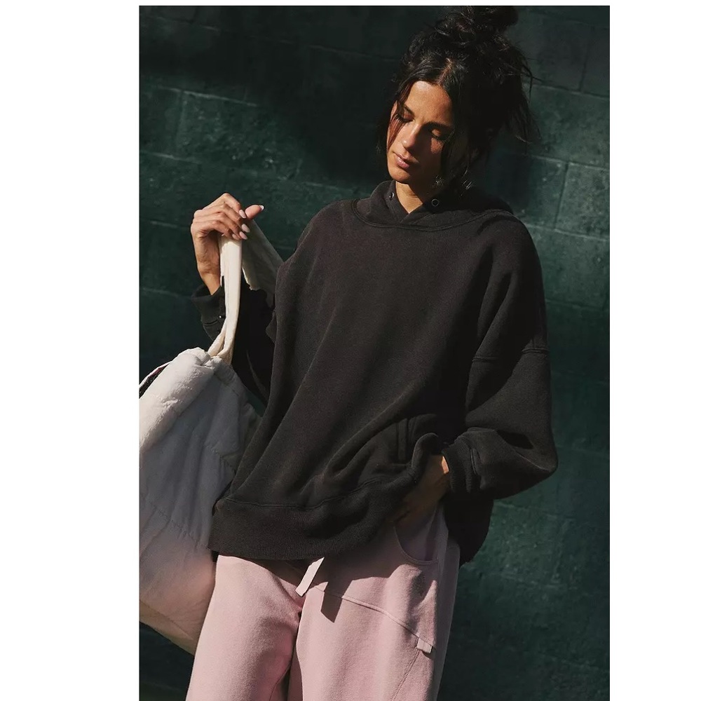 Free People Black Hoodie Sprint To The Finish with Lavender Leaf Design - Picture 2 of 3